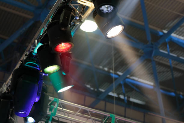 Stage lighting fixtures hanging on a truss. Selective focus.